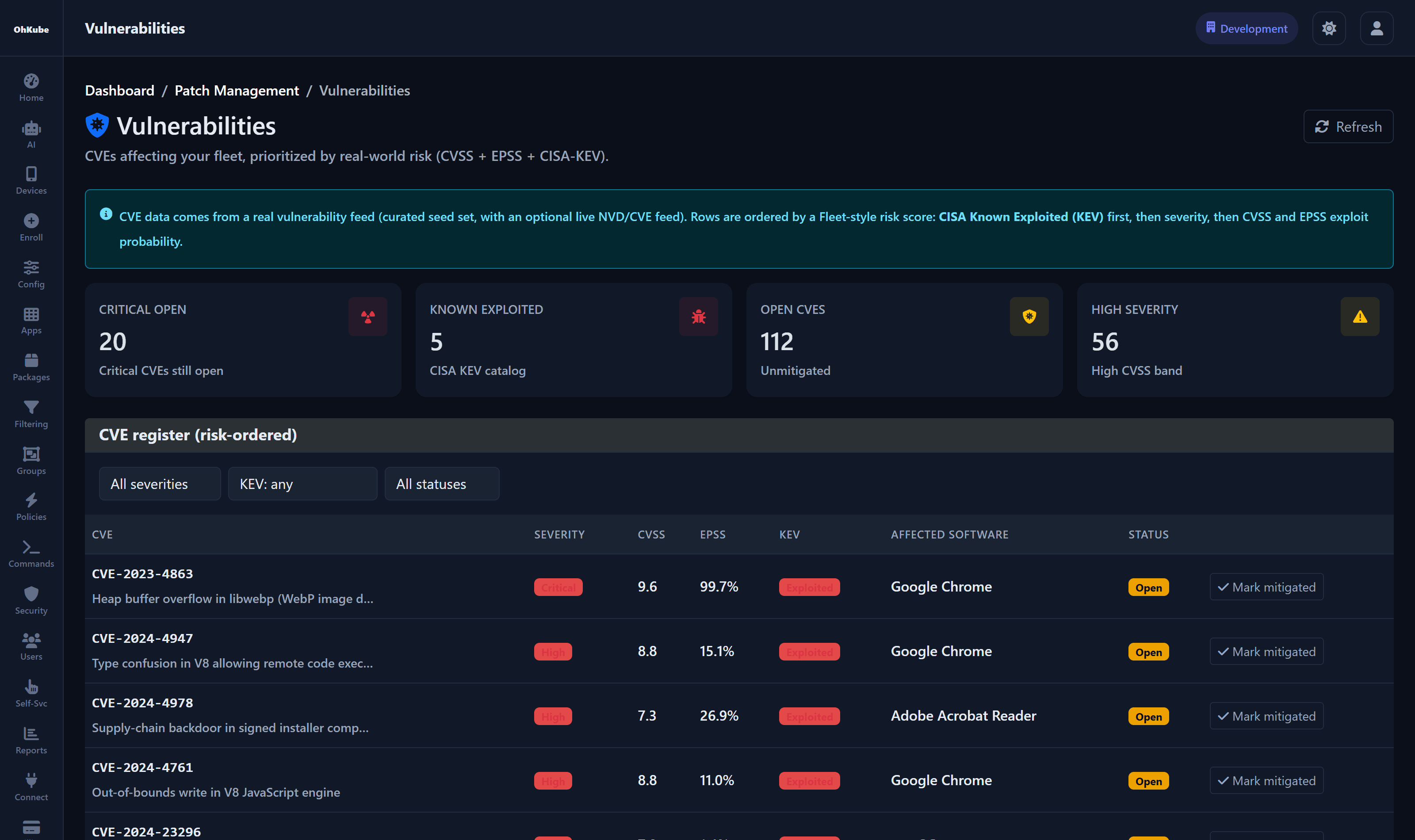 OhKube MDM vulnerability register, showing CVEs ordered by risk with CVSS, EPSS and CISA KEV columns