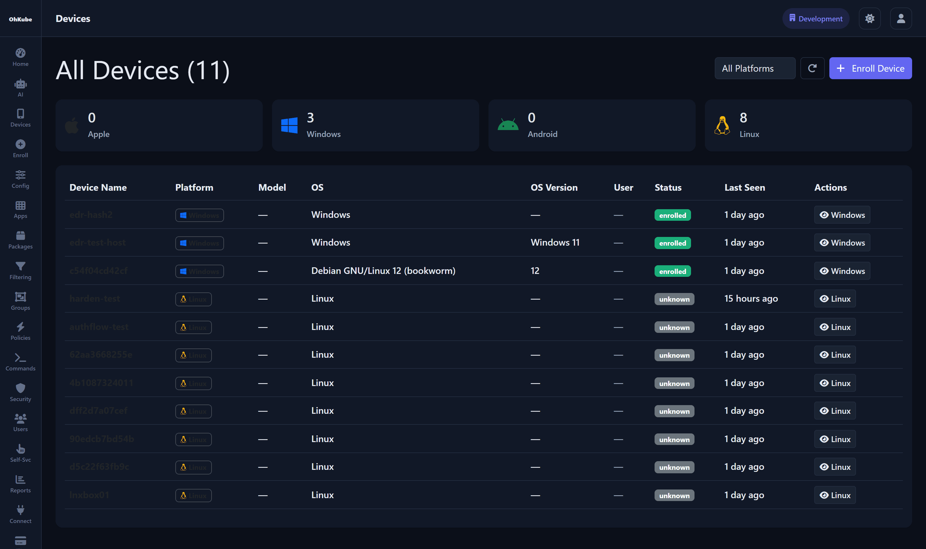 OhKube MDM device list showing enrolled devices across Apple, Windows, Android and Linux