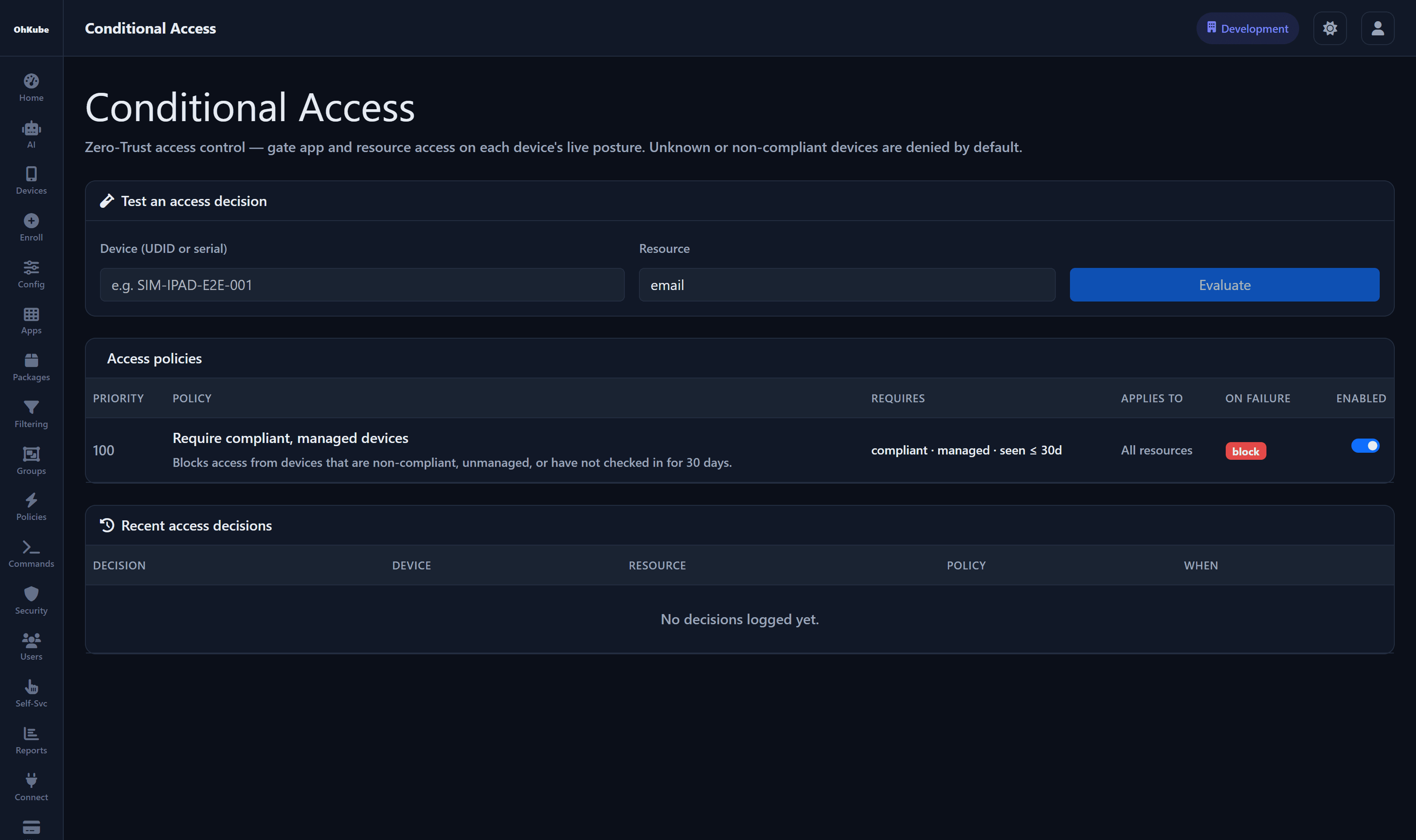 OhKube MDM conditional access policies gating resource access on device posture