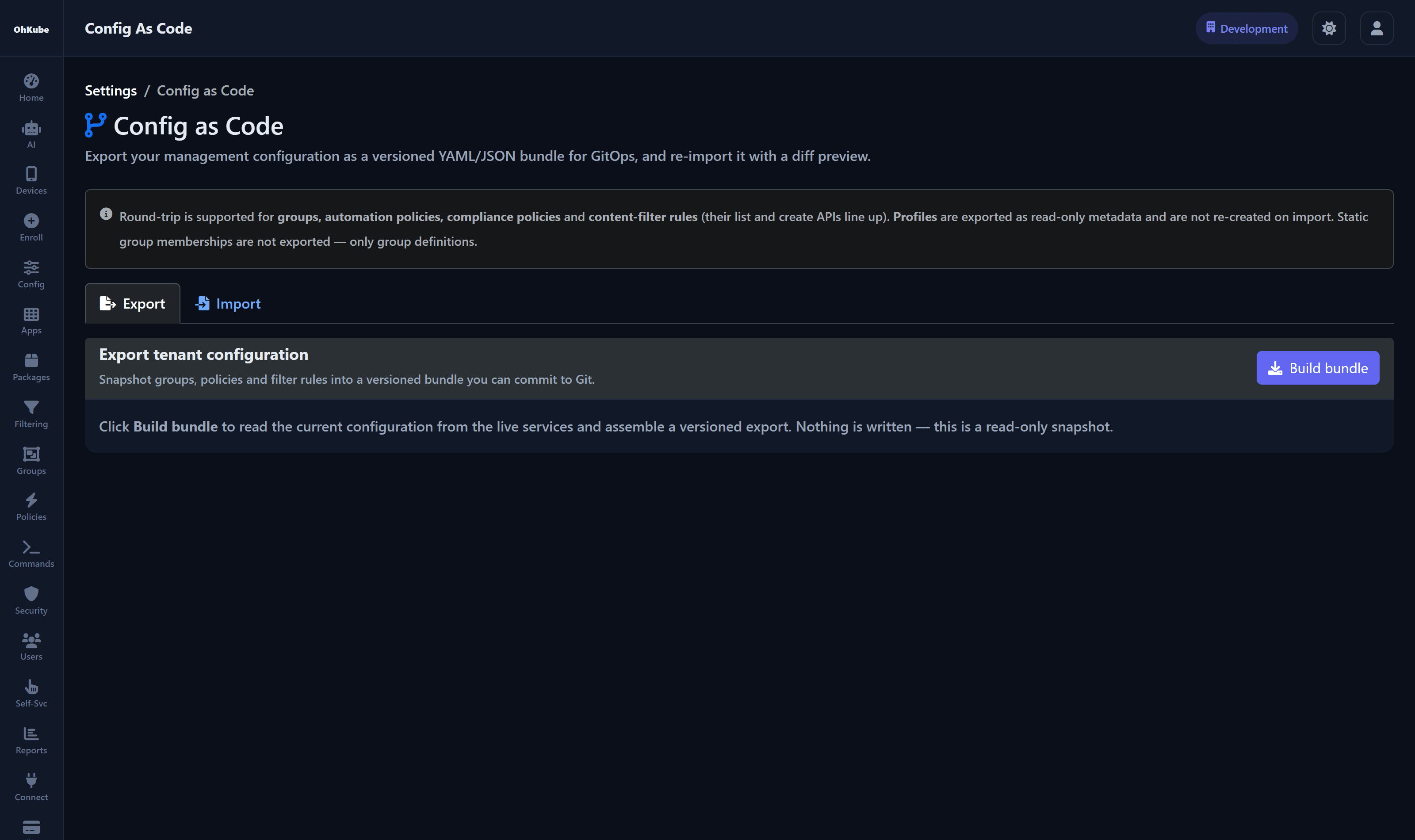 OhKube MDM config as code screen for exporting tenant configuration as a versioned bundle