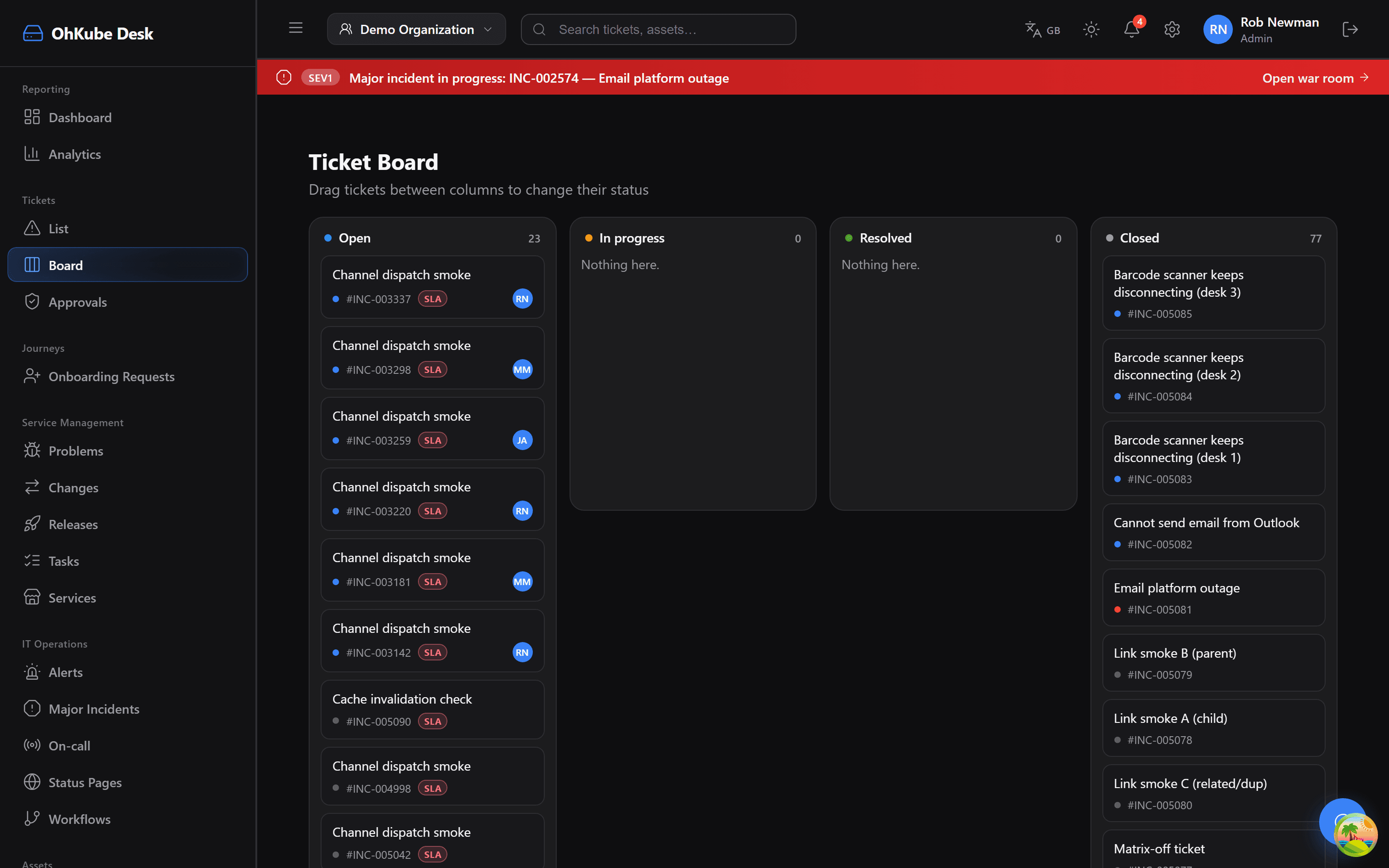 OhKube Desk ticket board with tickets in Open, In progress, Resolved and Closed columns
