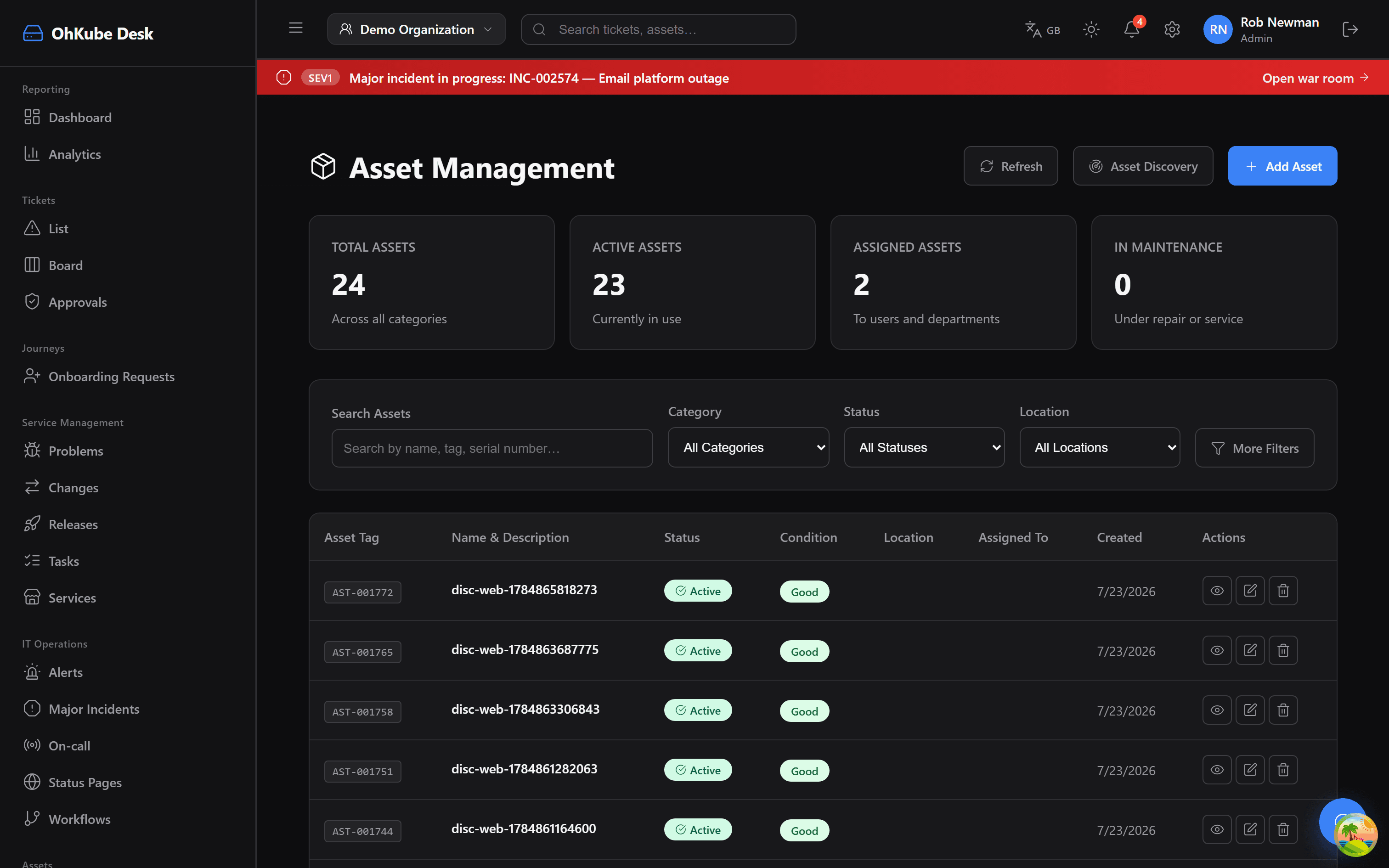 OhKube Desk asset management showing a CMDB with status, condition and assignment