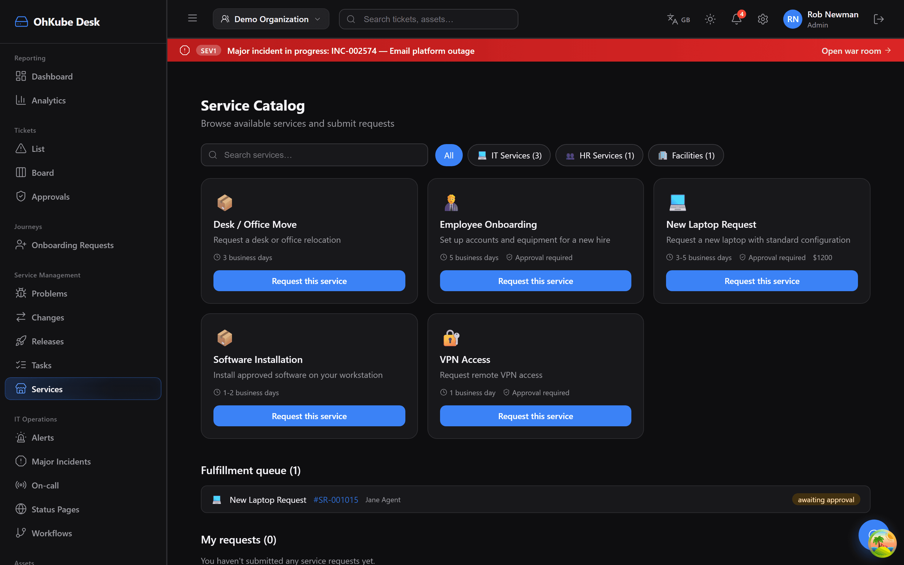 OhKube Desk service catalog listing requestable services with SLAs and approval requirements