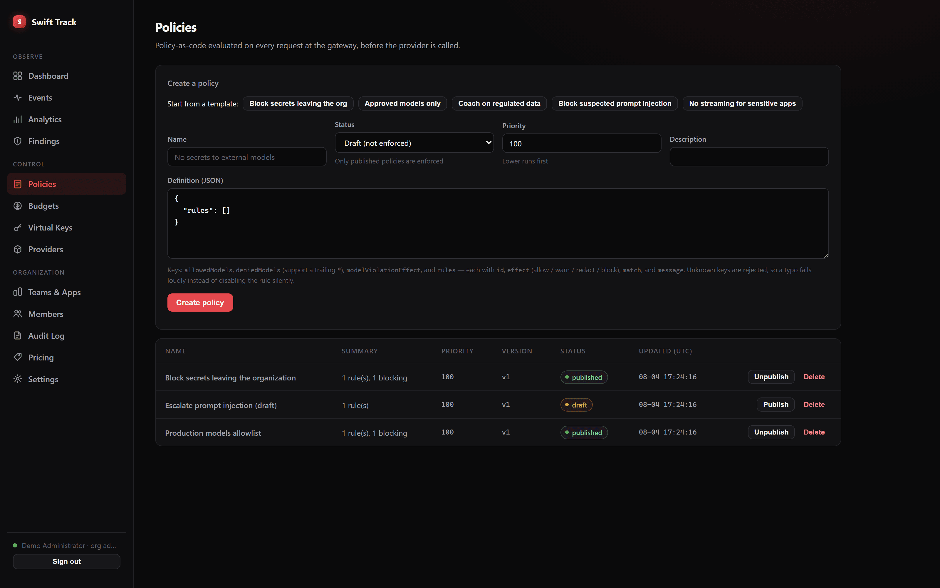 Swift policy engine listing match conditions and effects