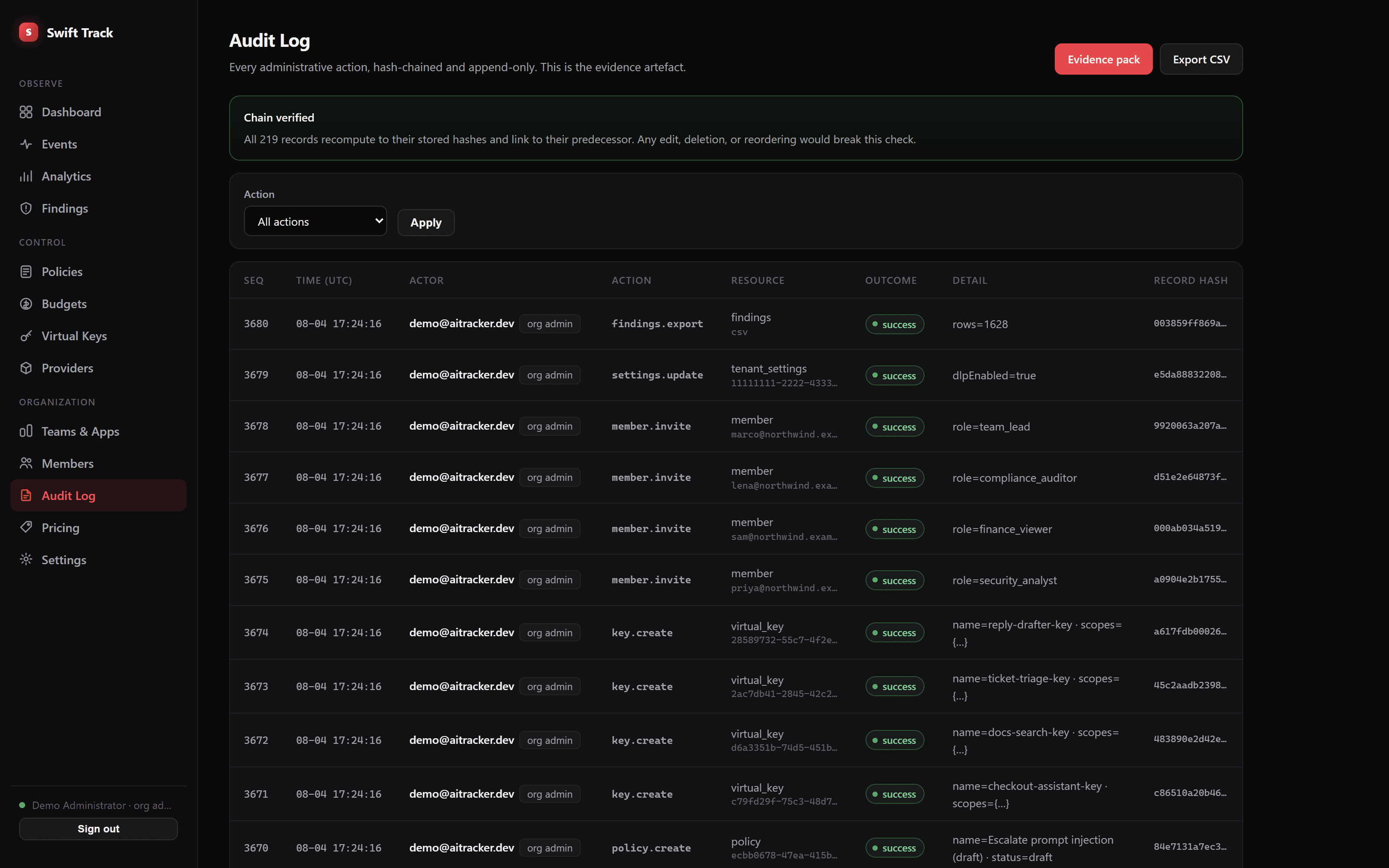 Swift audit log showing hash-chained records with a chain verified banner